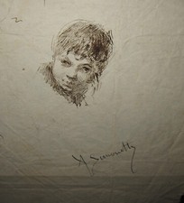 Attilio Simonetti  Disegno a china, ritratto di fanciullo Raffinato No Fortuny