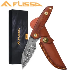 FLISSA Damascus Hunting Knife 8-1/2" Full-Tang Fixed Blade Knife Leather Sheath