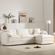 White L-Shaped 4-Seat Sectional Sofa Deep Seat Movable Ottoman Pillow Back