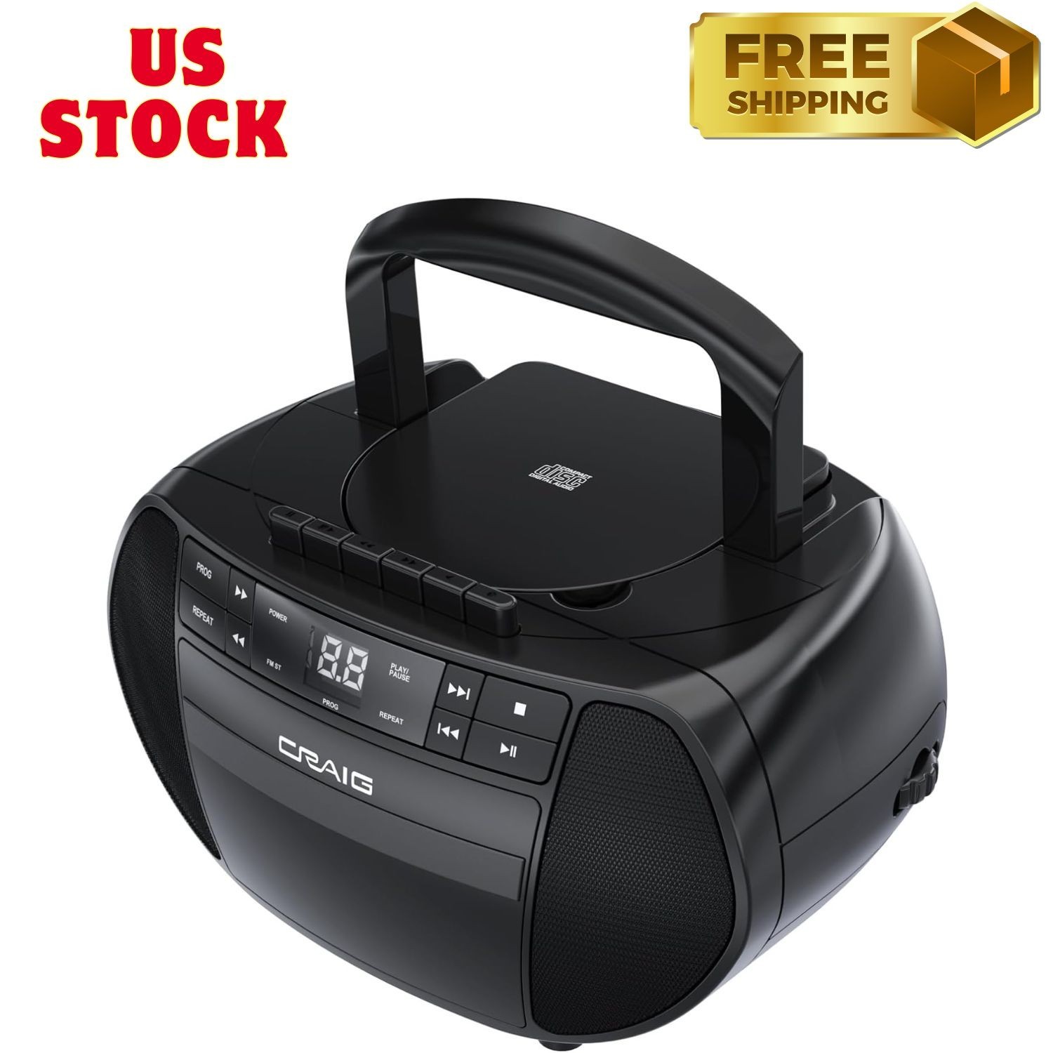 Portable Top-Loading CD Boombox with AM/FM Stereo Radio and 