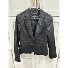 White House Black Market Black Pleated Ruffle Trim Blazer Jacket Womens Size 8