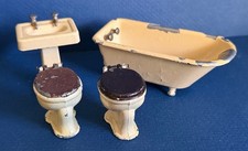 Antique Tootsie Toy Dollhouse 4 Pc Die Cast Metal Bathroom Tub Sink 2 Toilets