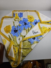 Vintage Vera Neumann Gold Periwinkle White Floral 100 Poly 26 x 27" Scarf