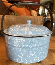 Antique Graniteware Lunch Pail Butter Carrier Light Blue White Swirl