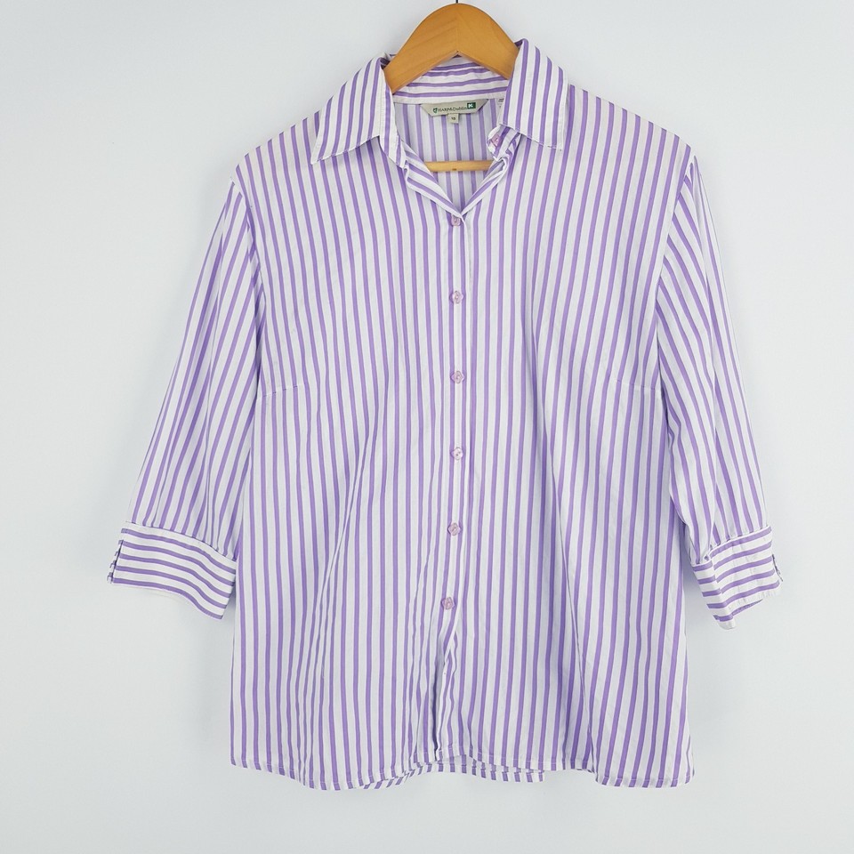 Harp & Dublin Womens Size 10 Purple White Striped Button Up Shirt 3/4 Sleeves