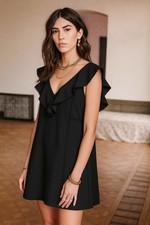 Sézane Black Sleeveless Ruffle V-Neck Dress Size 40 / M Elegant Parisian Style