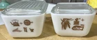 Set Of 2 Pyrex Early American Fridgies & Lids Small & Med W/ Cat, Corn, Tea 501B