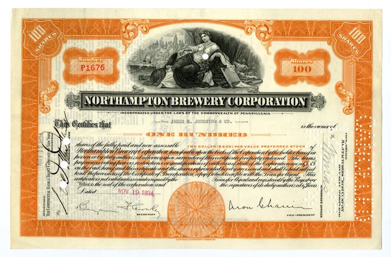 PA. Northampton Brewery Corp., 1934. 100 Shrs I/U Preferred Stock Cert. XF-AU.