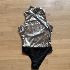 NEW Silver Black Women's One Piece Bodysuit Size L Solid Pattern