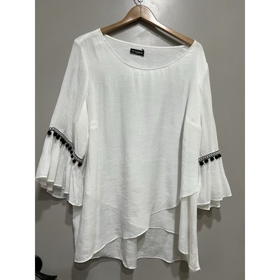 IN Studio tunic Top White Pom Pom Gauzy Flowy layered Boho Cottage Core 2XL