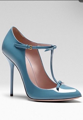 Gucci Beverly T Strap Knot Blue Patent Heels Shoes Sz 38.5 New!  