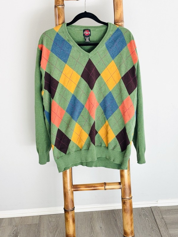 VTG Nick Danger Green Argyle V-neck Sweater Size XXL Golf Preppy 90’s Multicolor