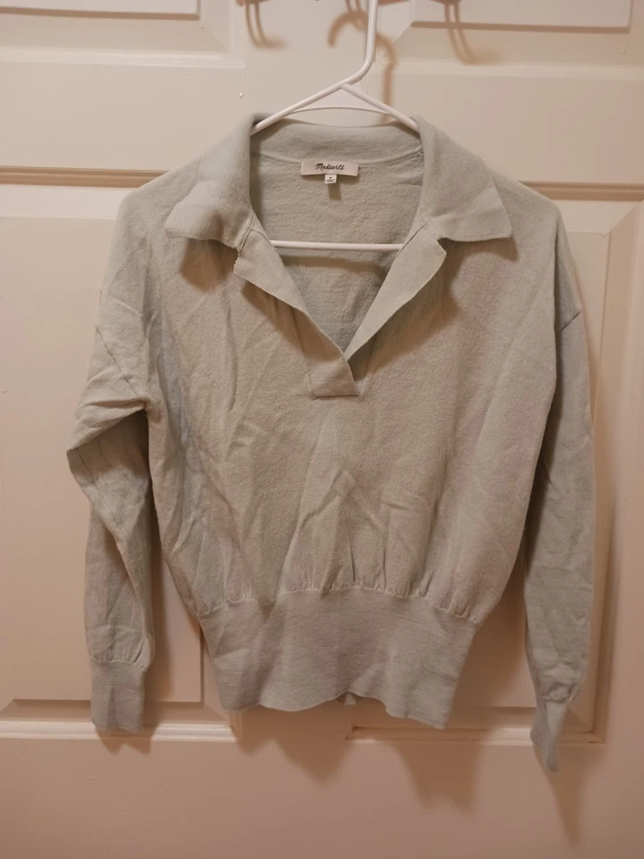 Madewell 100% 美利奴羊毛约翰尼领 Polo 毛衣完好绿色 M Preppy Chic — 第 3/4 张图片