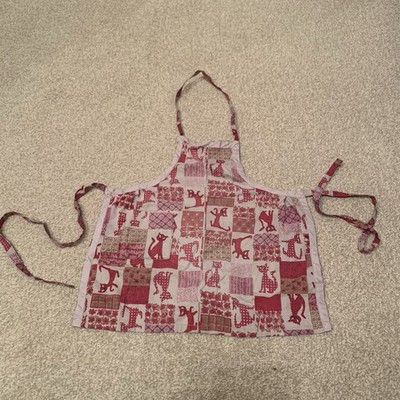 Vintage 1940s Red & Beige Cat Print Cotton Handmade Doll s Apron