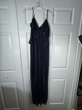 Express V-Neck Sleeveless Chiffon Ruffle Maxi Dress in Navy Blue