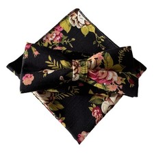 Men Linen Cotton Black Floral Pre-Tied Bow Tie Pocket Square Wedding Bowtie Set
