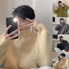 Mens Half Zipper Pullover Sweater Knitted Standup Collar For Daily Use