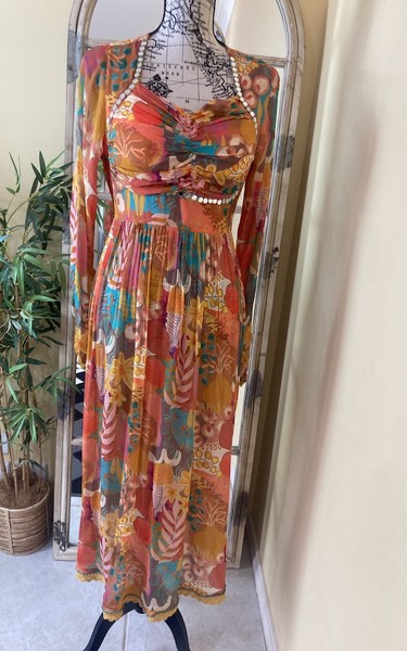 Size 40 ( 14) Silk Kaftan Dress Long Sleeve Vibrant Maxi Open Sides 