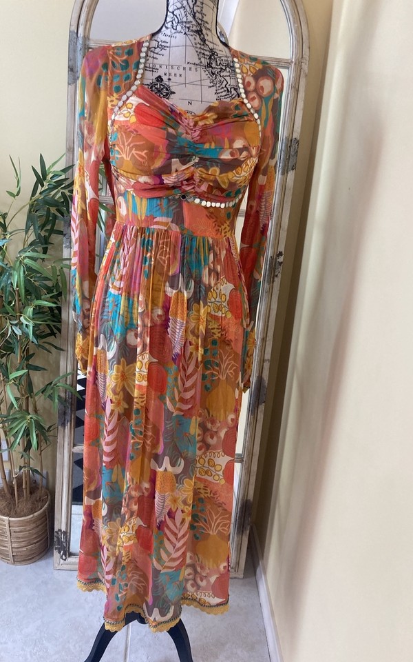 Size 40 ( 14) Silk Kaftan Dress Long Sleeve Vibrant Maxi Open Sides 