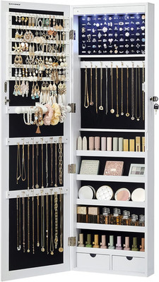SONGMICS 6 Leds Mirror Jewelry Cabinet, 47.2-Inch Tall Lockable Wall or Door Mou