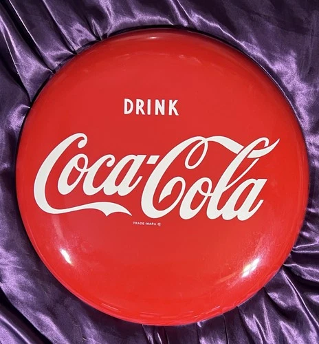 Vintage 1964  Drink Coca-Cola 16” Button Metal Soda Sign Stamped AM124 NM