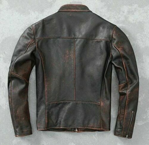 Men's Vintage Biker Black Motorcycle Distressed Cafe Racer Leather Jacket - Picture 2 of 3