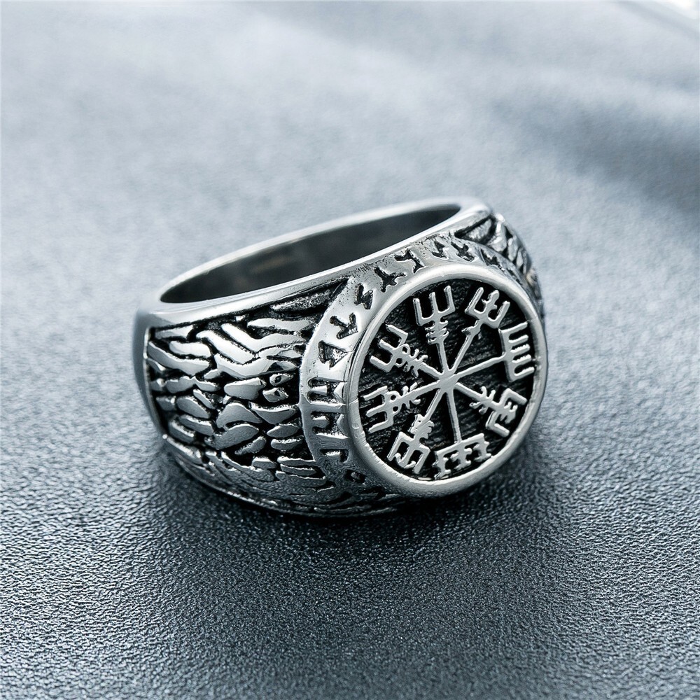 Retro Punk Viking Runes Helm Signet Titanium Steel Stainless Steel Men's Ring
