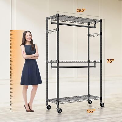 Heavy Duty Rolling Garment Rack Metal Wire Shelf Closet Clothing Black 16*30*75''