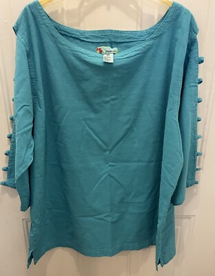 Jasmine K Turquoise Top 3/4 Sleeve Women s 2X Cotton Cutout Ladder Sleeve NEW