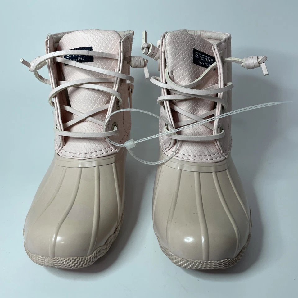 女孩 Sperry 咸水鸭雨靴粉色腮红 12M 码青少年蛇图案 — 第 2/4 张图片