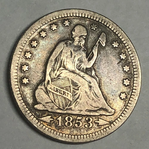 1853 a&r Seated Liberty silver U.S. QUARTER DOLLAR. VF. #mu2