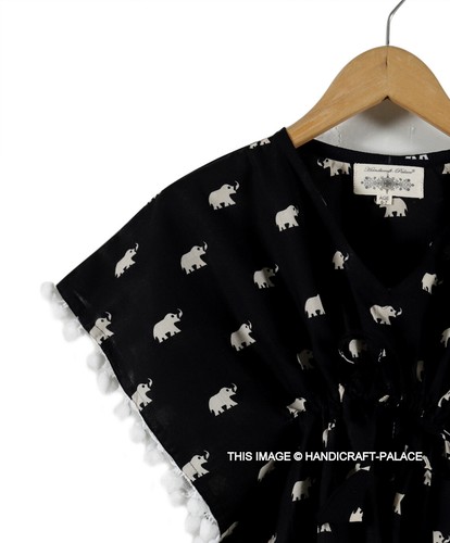 Girls Cotton Kaftan Elephant Print Kids Kaftan Pompom Lace Decor 3-9 Years Size - Picture 2 of 4