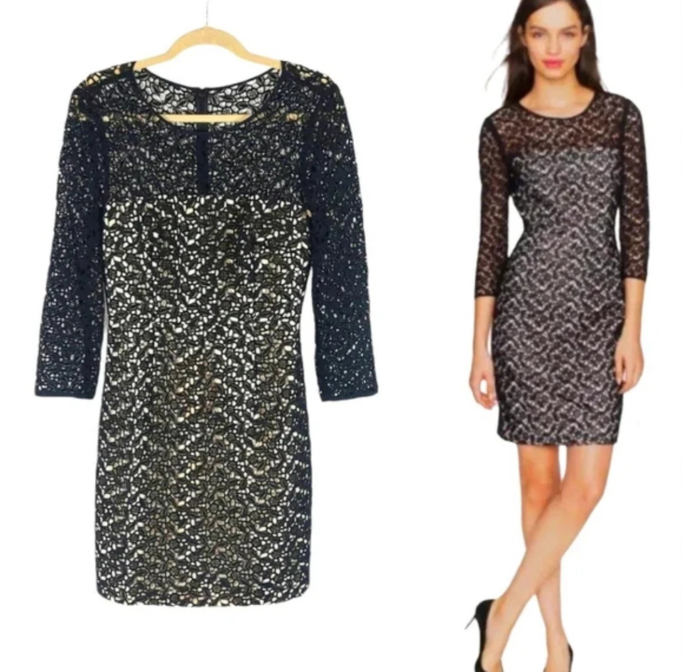 J Crew Collection BLACK LABEL Black Lace  Sheath Dress Size 12 Lined Bodice - Image 2 of 4