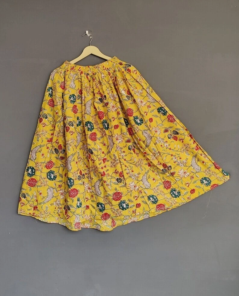 Indian 100%Cotton Yellow Floral Skirt Women's Clothing Long Skirt Beach Skirt US