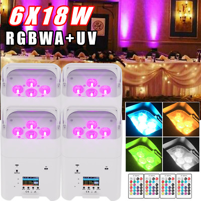 4PCS 6x18W RGBWA+UV Battery Powered WIRELESS DMX Par Can Lights DJ Uplighting