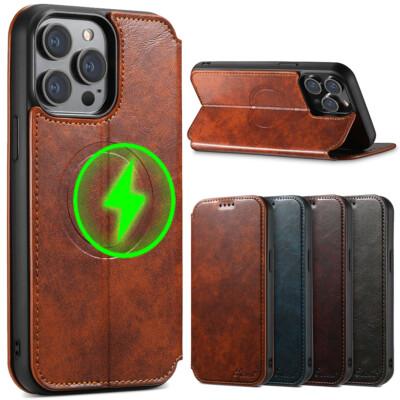 Retro Leather Magsafe Flip Case for iPhone 15 Pro Max 14 Card Slot Holder Cover