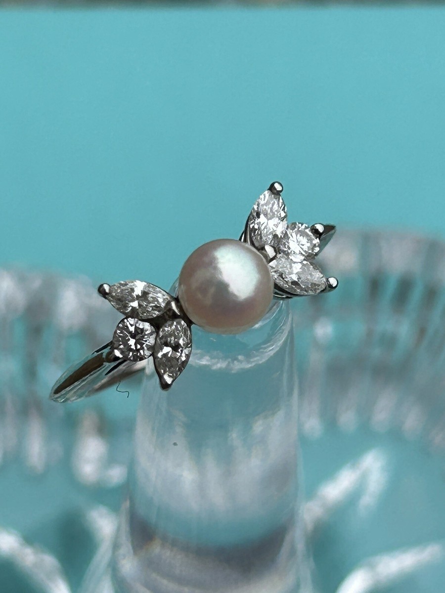Tiffany & Co Platinum Victoria Pearl Marquise Diamonds Ring .35