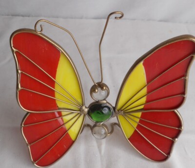Vintage Free Standing Leaded Stained Glass Butterfly 4'' H x 4-3/4'' W Red/Yellow