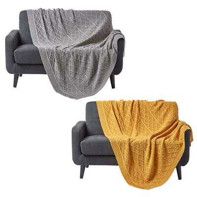Cable Knit Diamond Pattern 100% Cotton Sofa Throw Mustard Grey