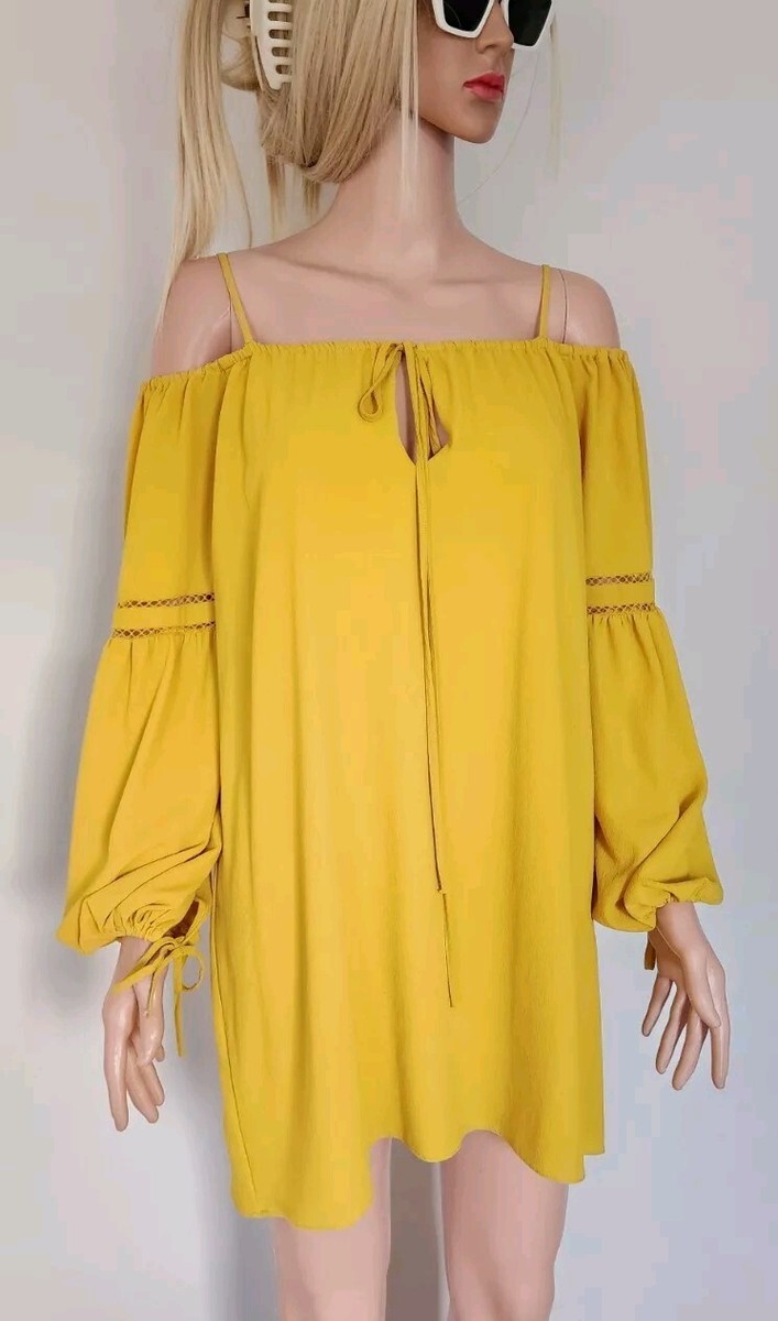 ZARA MUSTARD YELLOW FLOWY OFF SHOULDER LONG SLEEVES MINI SHIFT DRESS XS |  eBay
