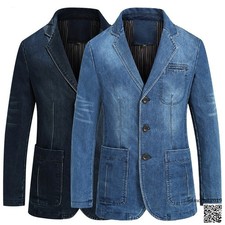 Men Denim Notch Neck Suit Jacket Single Breasted Slim Pocket Blazer Coat Classic