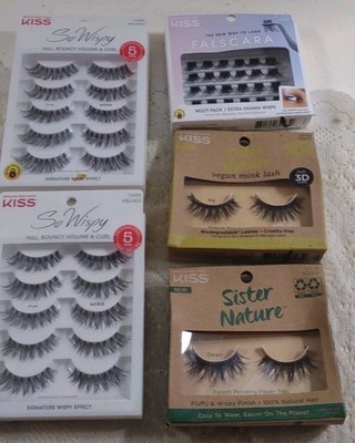 KISS False Eyelashes  Lot of 5 Sets Black  Assorted Styles Some Natural Fibers