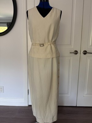 Vintage Jones NY dress in white Silk & Linen  M Ankle length Bttns accent Zipper
