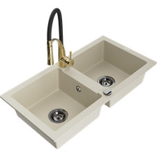 Lavello in granito a 2 camere Mexen Mario con miscelatore Aster, beige