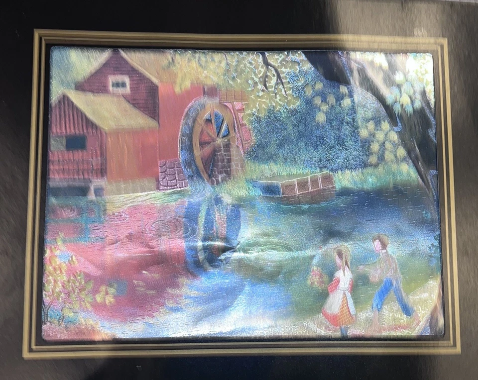 Vintage Iridescent Foil Picture Water Mill & Children Artwork Retro Wall Decor - Image 3 of 4