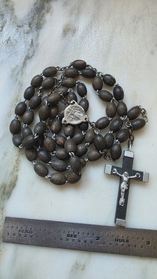 Antique Catholic Religious Antique Wood Beads Rosary France 20'' Sacred Heart
