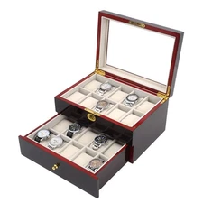 20 Slot Wood Watch Box Display Case Glass Top Jewelry Storage Organizer Box+Lock