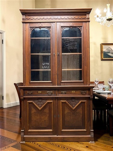 Victorian Walnut Bookcase Cabinet, Glass Door Cupboard, Burl Wood Display, Hutch