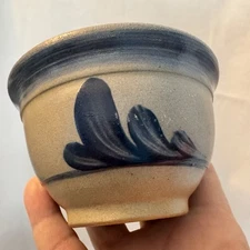 1994 Rowe Pottery Works Stoneware Small Bowl Hand Made Salt Glaze Blue Vine 4.5”