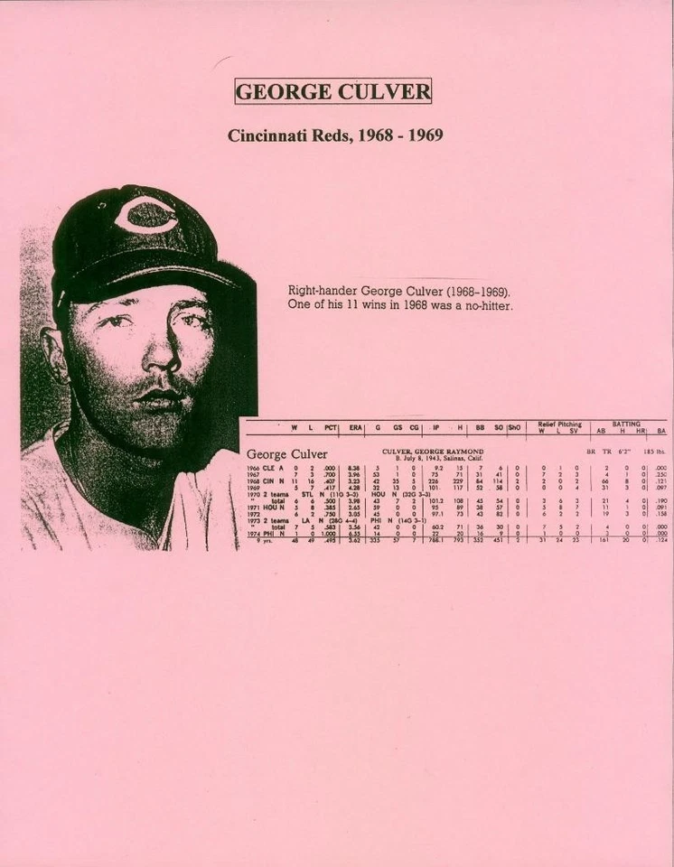 451, George Culver, Original Signed/Autograph, Index Card, Reds, "1968-69" - Image 2 of 4